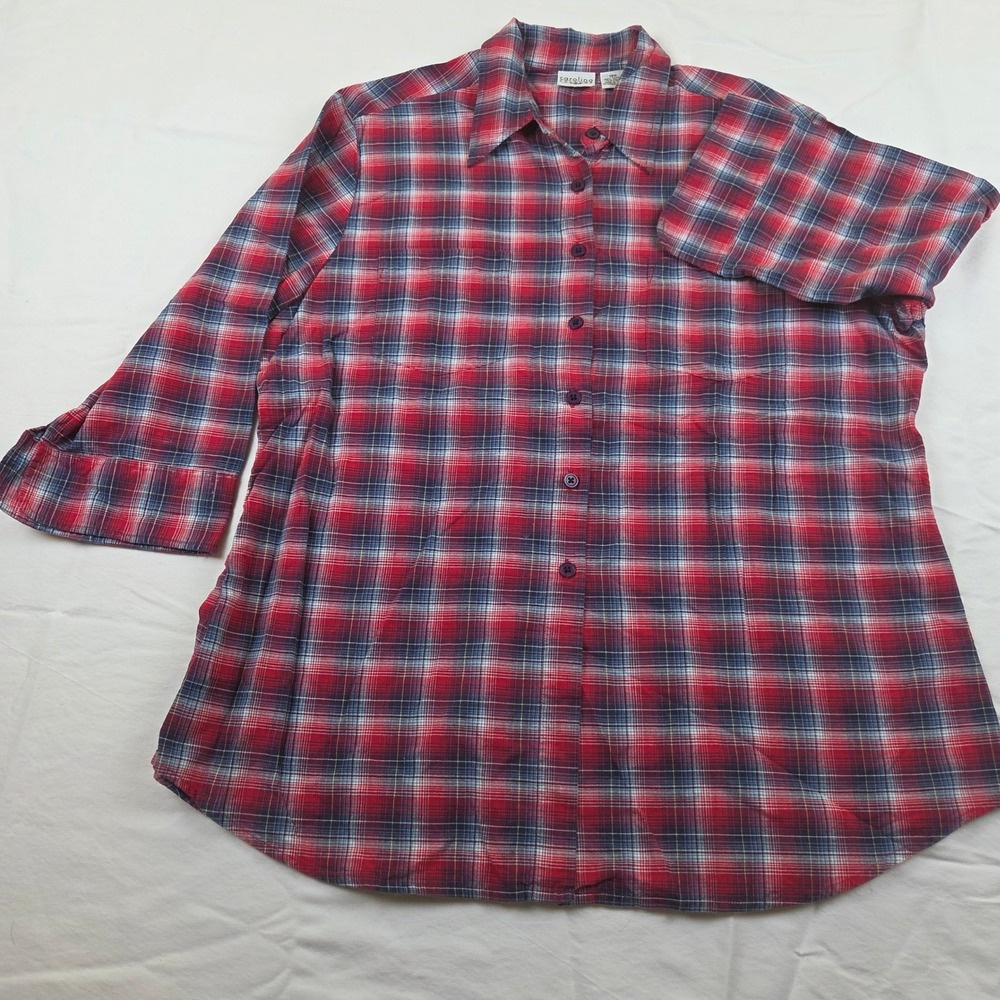 Carolina Colours Plus 18W Button Down Shirt Red Navy Plaid Cotton 3/4 Sleeve